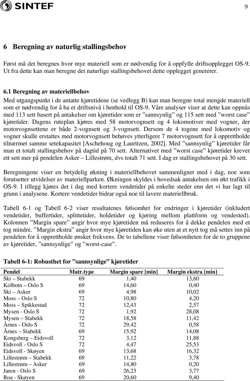 1 Beregning av materiellbehov Med utgangspunkt i de antatte kjøretidene (se vedlegg B) kan man beregne total mengde materiell som er nødvendig for å ha et driftsnivå i henhold til OS-9.