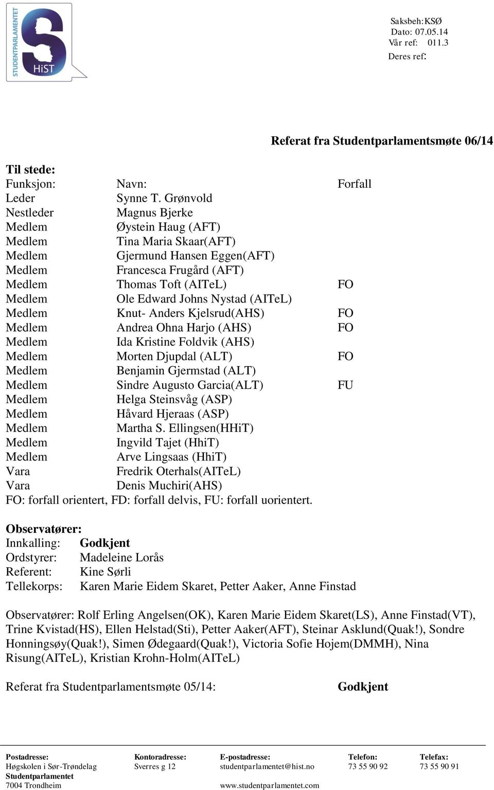 Kjelsrud(AHS) FO Andrea Ohna Harjo (AHS) FO Ida Kristine Foldvik (AHS) Morten Djupdal (ALT) FO Benjamin Gjermstad (ALT) Sindre Augusto Garcia(ALT) FU Helga Steinsvåg (ASP) Håvard Hjeraas (ASP) Martha