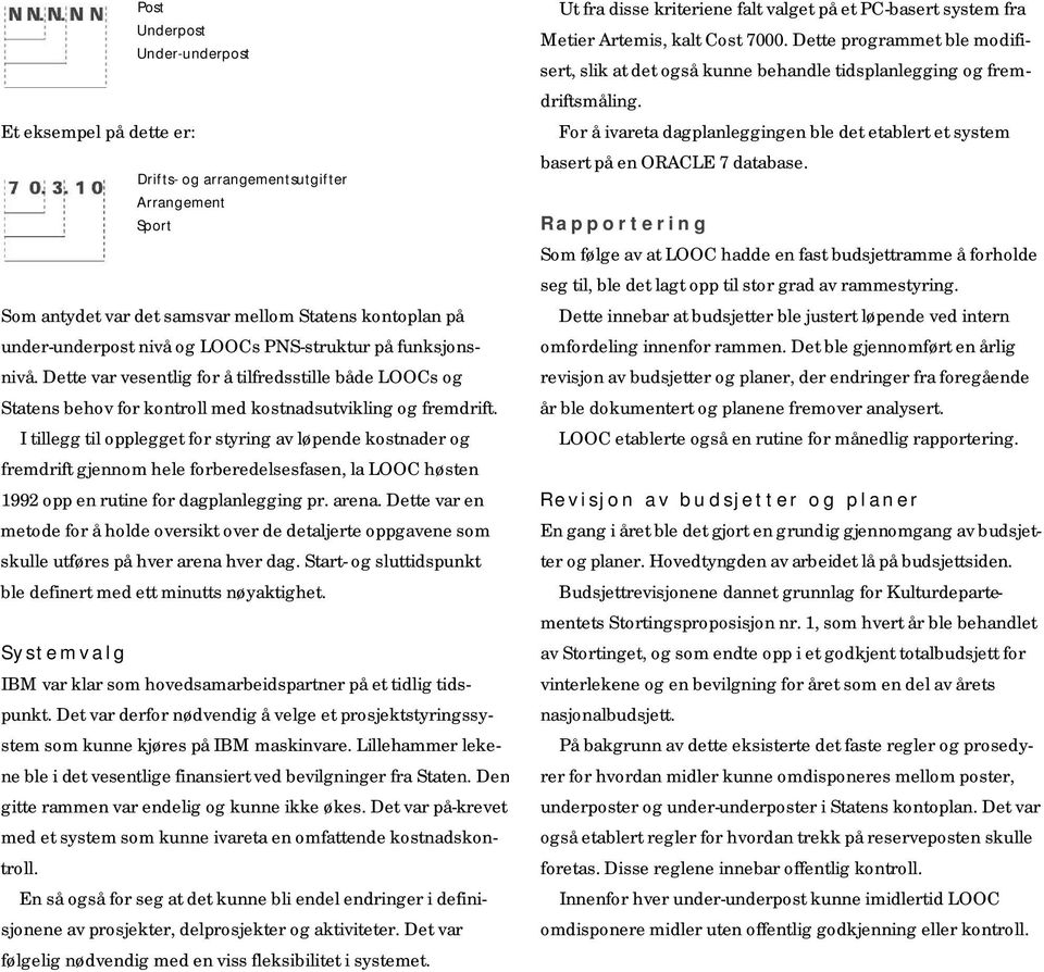 I tillegg til opplegget for styring av løpende kostnader og fremdrift gjennom hele forberedelsesfasen, la LOOC høsten 1992 opp en rutine for dagplanlegging pr. arena.