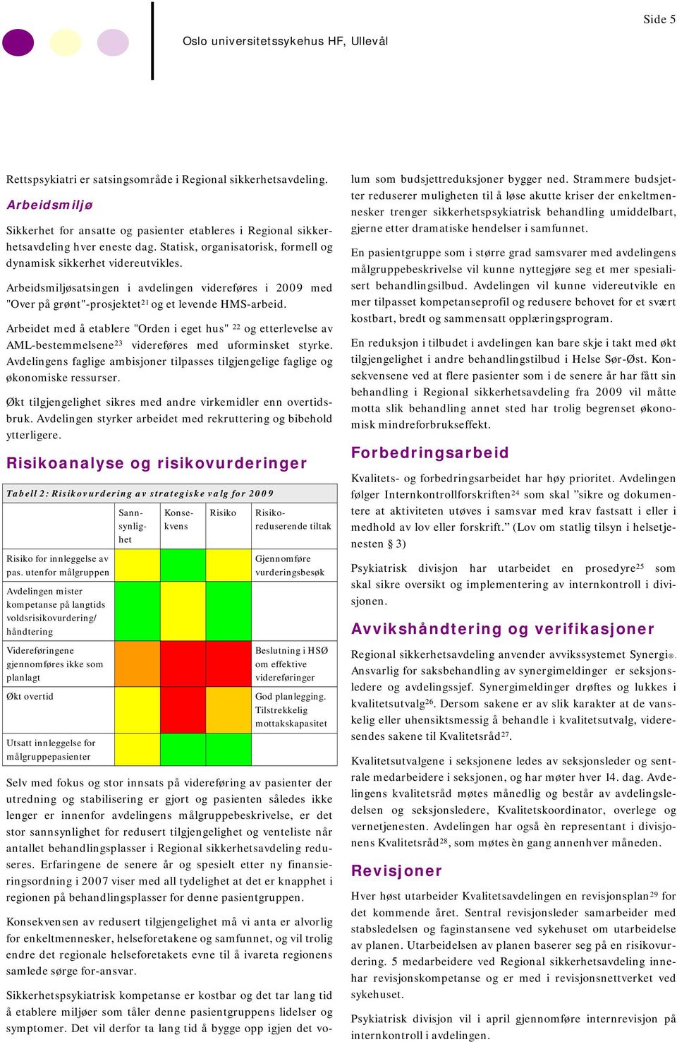 Arbeidsmiljøsatsingen i avdelingen videreføres i 2009 med "Over på grønt"-prosjektet 21 og et levende HMS-arbeid.