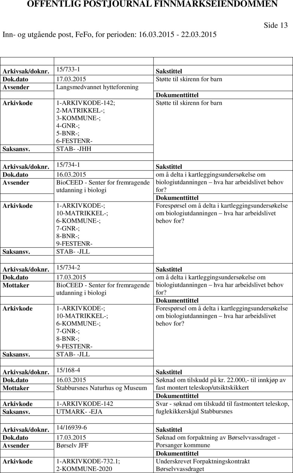 15/734-1 Sakstittel Dok.dato 16.03.2015 om å delta i kartleggingsundersøkelse om Avsender BioCEED - Senter for fremragende utdanning i biologi biologiutdanningen hva har arbeidslivet behov for?