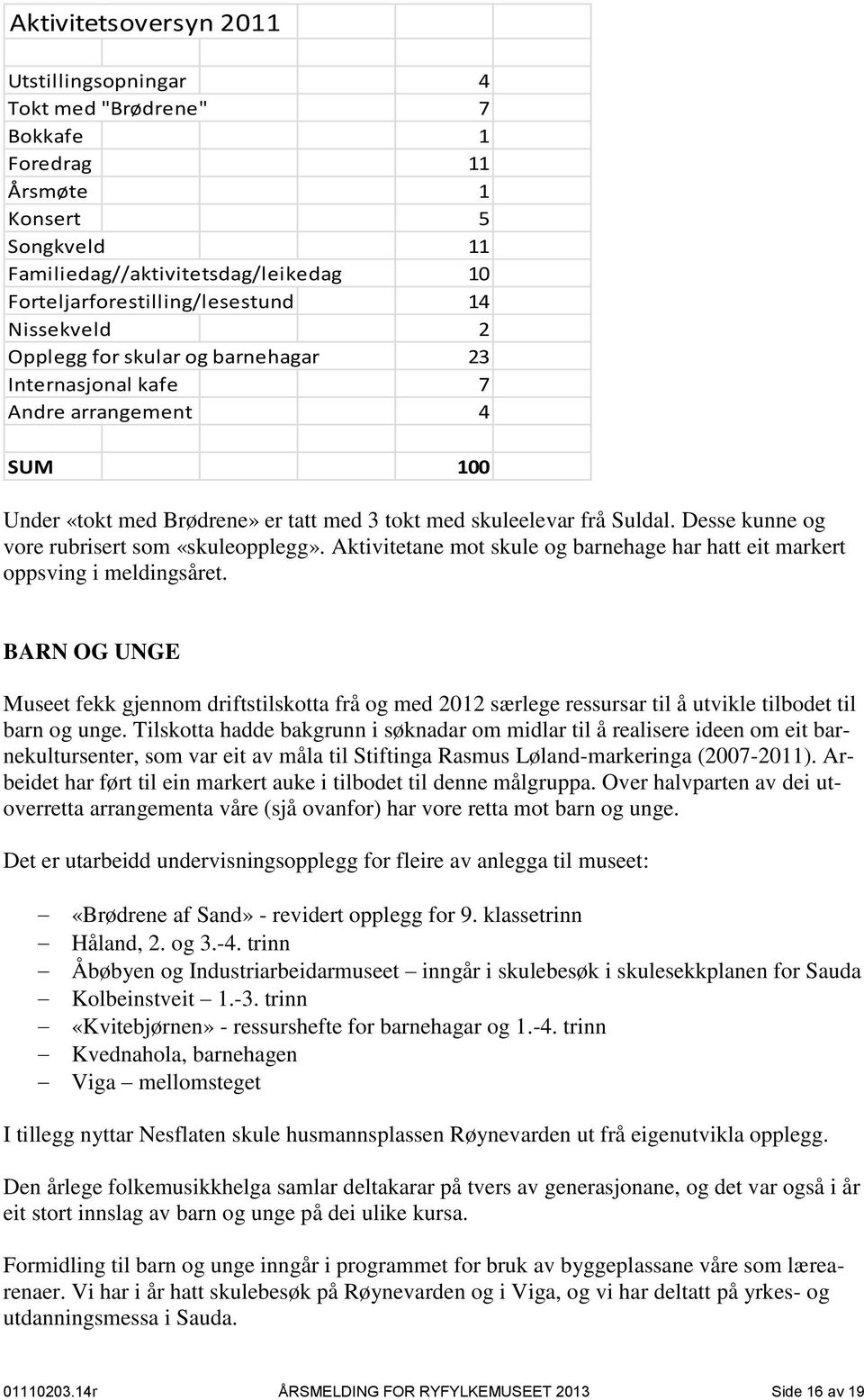 Desse kunne og vore rubrisert som «skuleopplegg». Aktivitetane mot skule og barnehage har hatt eit markert oppsving i meldingsåret.