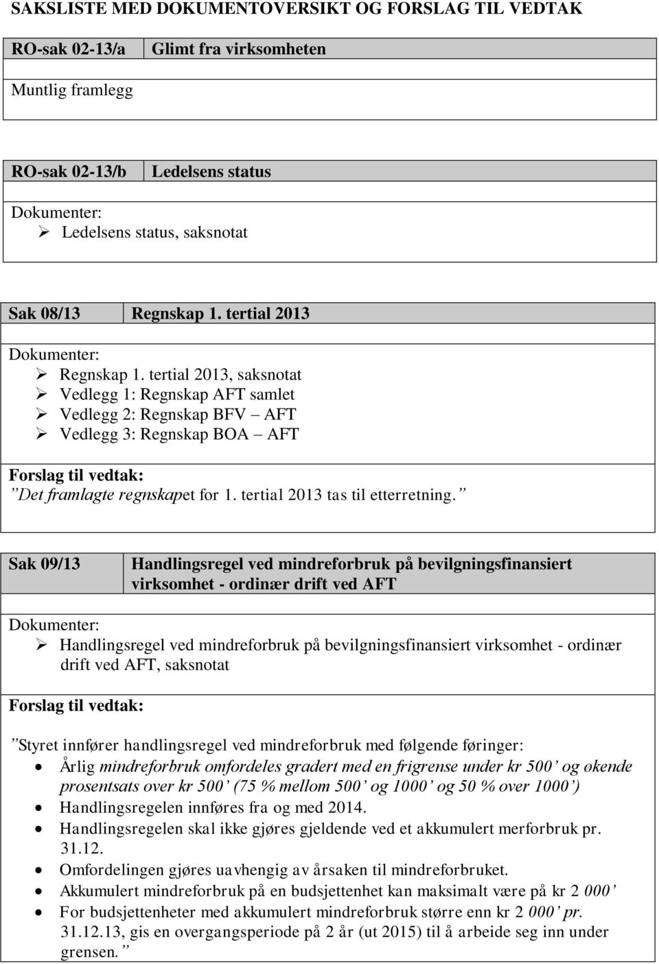 tertial 2013, saksnotat Vedlegg 1: Regnskap AFT samlet Vedlegg 2: Regnskap BFV AFT Vedlegg 3: Regnskap BOA AFT Forslag til vedtak: Det framlagte regnskapet for 1. tertial 2013 tas til etterretning.