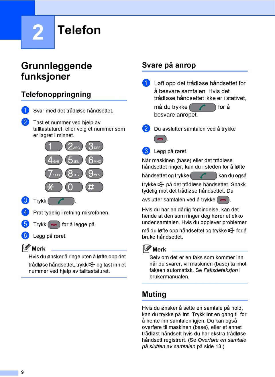 Merk Hvis du ønsker å ringe uten å løfte opp det trådløse håndsettet, trykk og tast inn et nummer ved hjelp av talltastaturet.