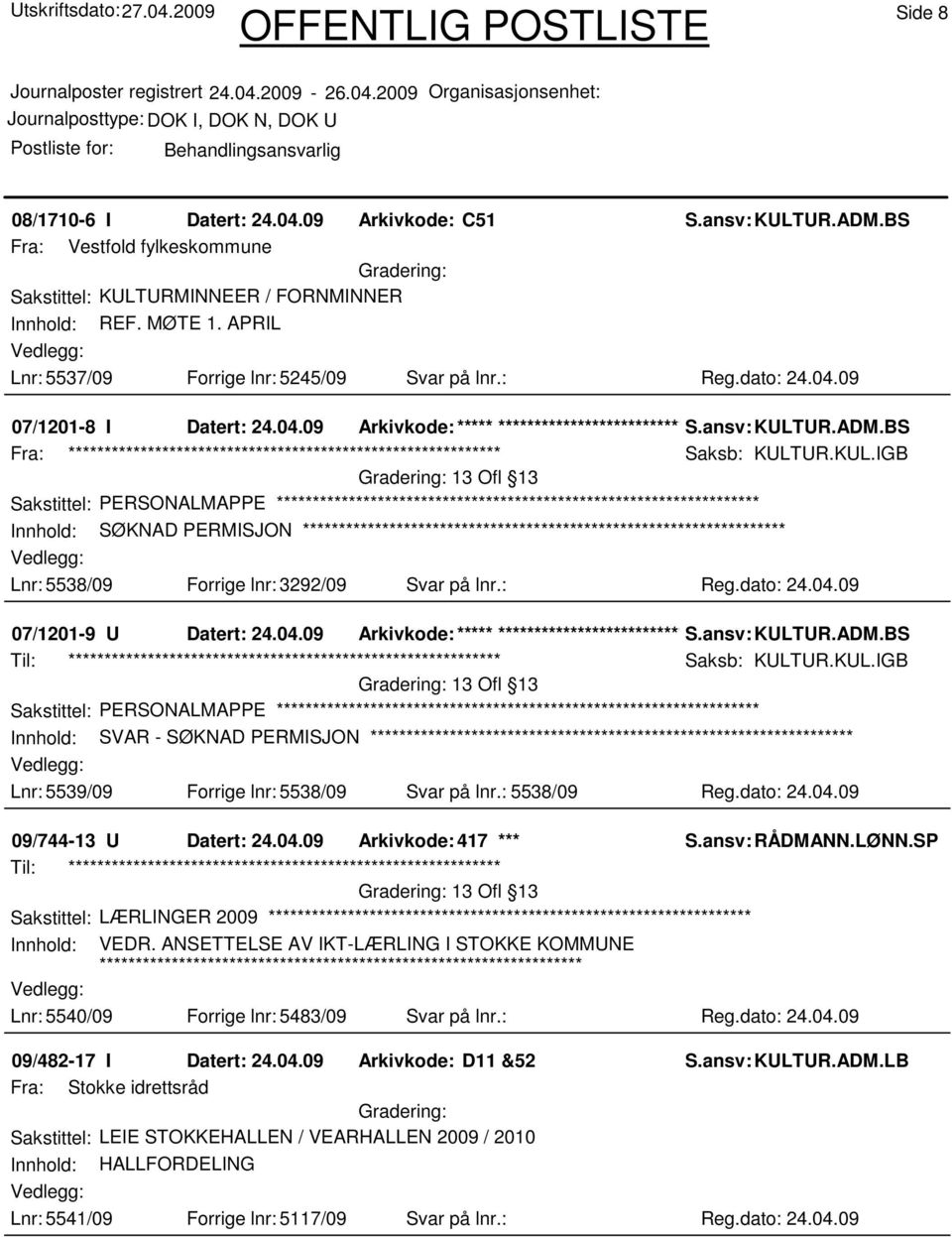 UR.ADM.BS Saksb: KULTUR.KUL.IGB 13 Ofl 13 Sakstittel: PERSONALMAPPE Innhold: SØKNAD PERMISJON Lnr: 5538/09 Forrige lnr: 3292/09 Svar på lnr.: Reg.dato: 24.04.