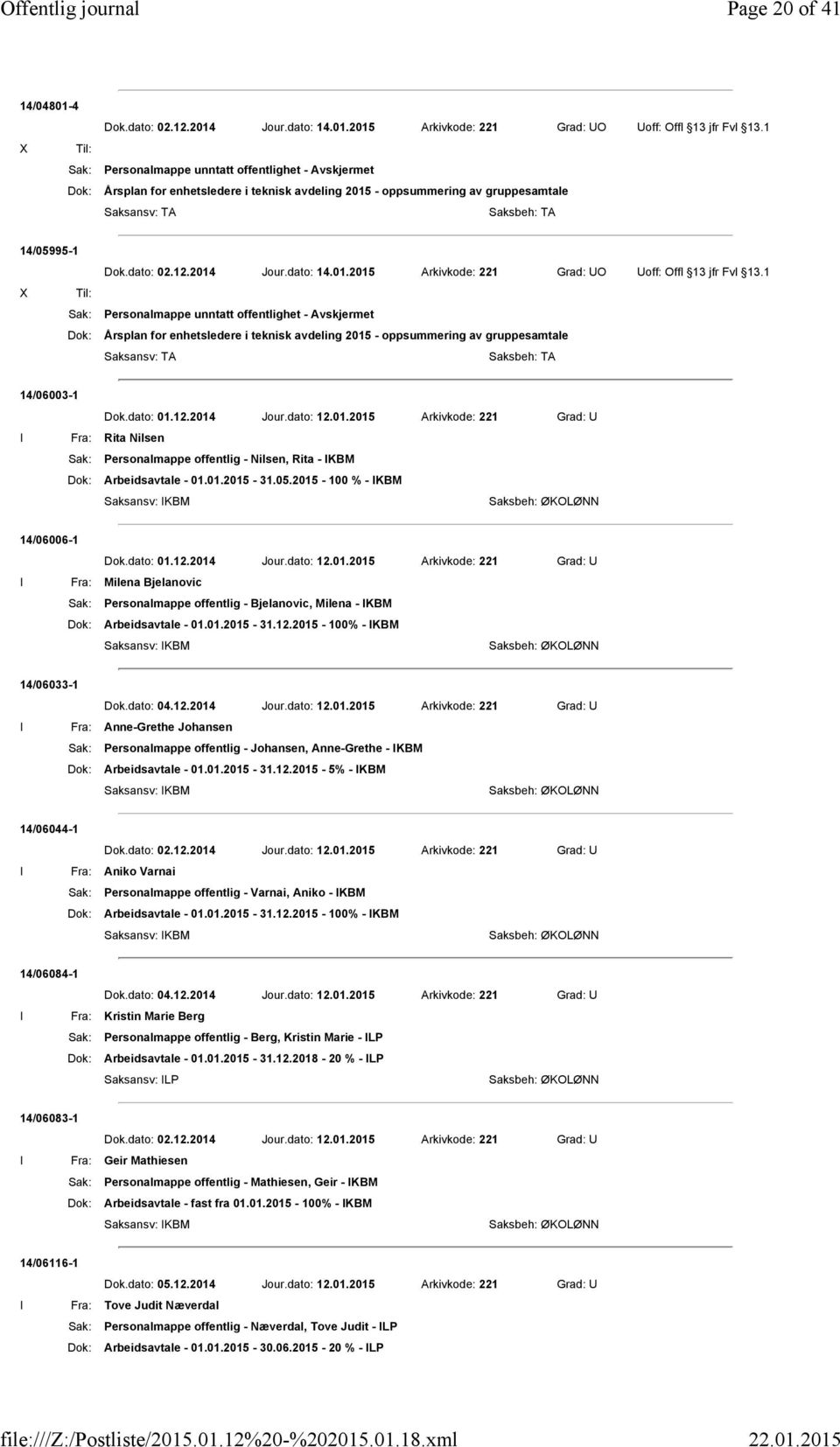 01.2015 Arkivkode: 221 Grad: UO Uoff: Offl 13 jfr Fvl 13.