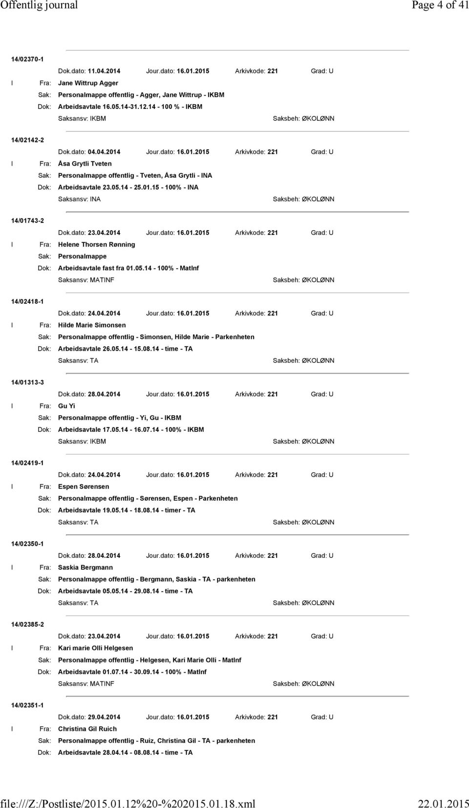 05.14-25.01.15-100% - INA 14/01743-2 Dok.dato: 23.04.2014 Jour.dato: 16.01.2015 Arkivkode: 221 Grad: U I Fra: Helene Thorsen Rønning Sak: Personalmappe Dok: Arbeidsavtale fast fra 01.05.14-100% - MatInf 14/02418-1 Dok.