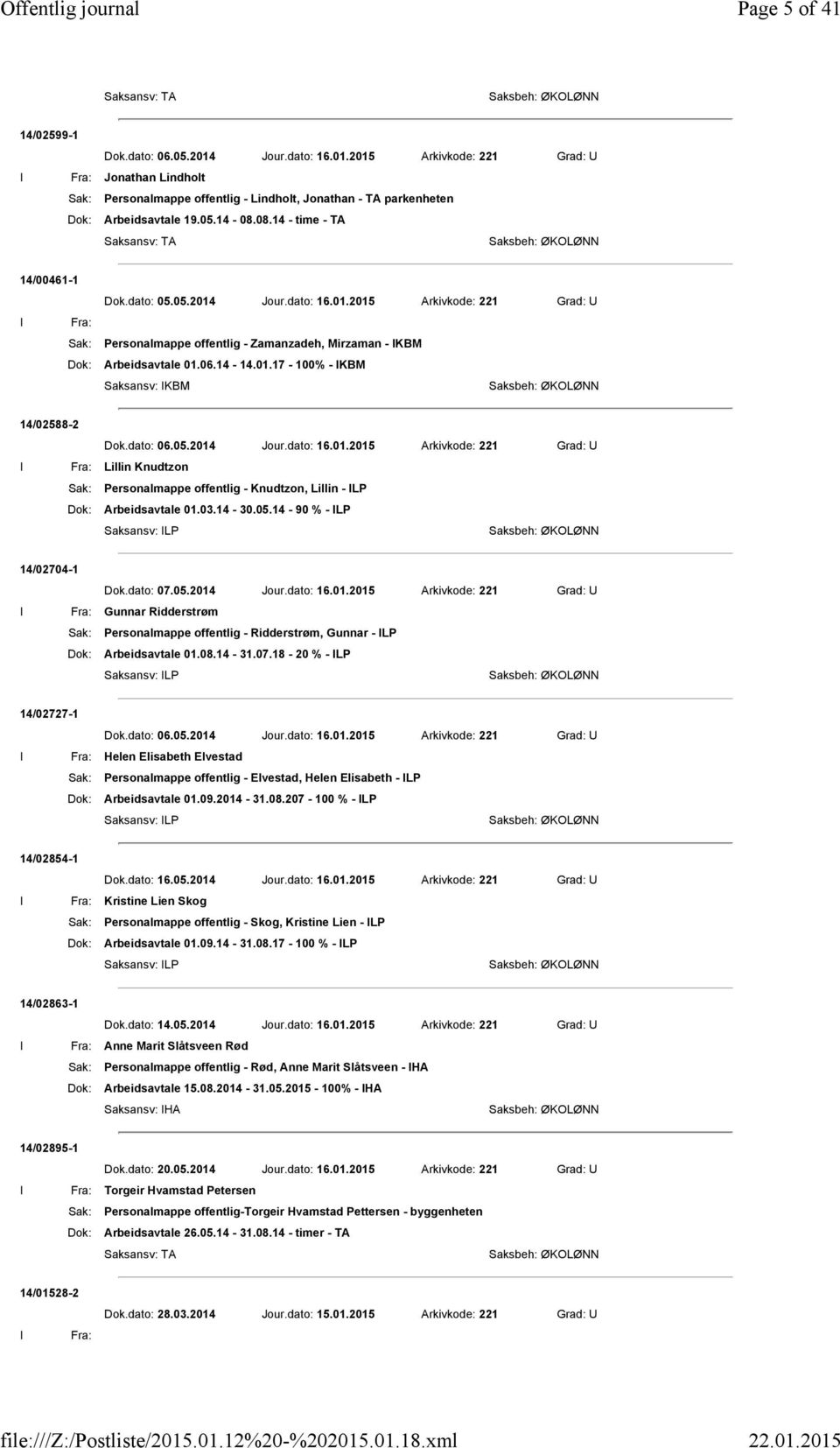 14-14.01.17-100% - IKBM 14/02588-2 Dok.dato: 06.05.2014 Jour.dato: 16.01.2015 Arkivkode: 221 Grad: U I Fra: Lillin Knudtzon Sak: Personalmappe offentlig - Knudtzon, Lillin - ILP Dok: Arbeidsavtale 01.