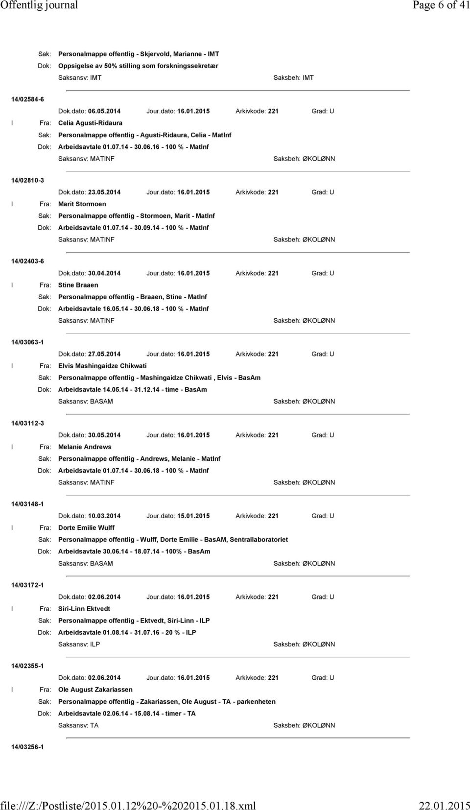 2014 Jour.dato: 16.01.2015 Arkivkode: 221 Grad: U I Fra: Marit Stormoen Sak: Personalmappe offentlig - Stormoen, Marit - MatInf Dok: Arbeidsavtale 01.07.14-30.09.14-100 % - MatInf 14/02403-6 Dok.