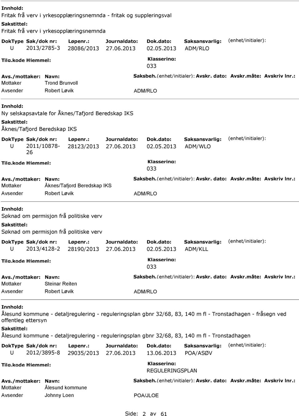 : 28123/2013 02.05.2013 ADM/WLO 033 Avs./mottaker: Navn: Saksbeh. Avskr. dato: Avskr.måte: Avskriv lnr.