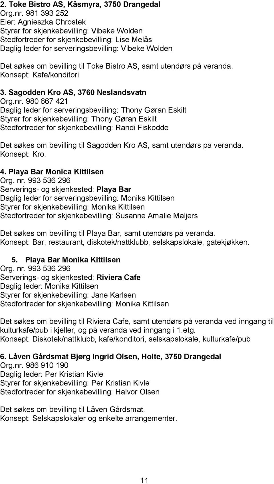 bevilling til Toke Bistro AS, samt utendørs på veranda. Konsept: Kafe/konditori 3. Sagodden Kro AS, 3760 Neslandsvatn Org.nr.