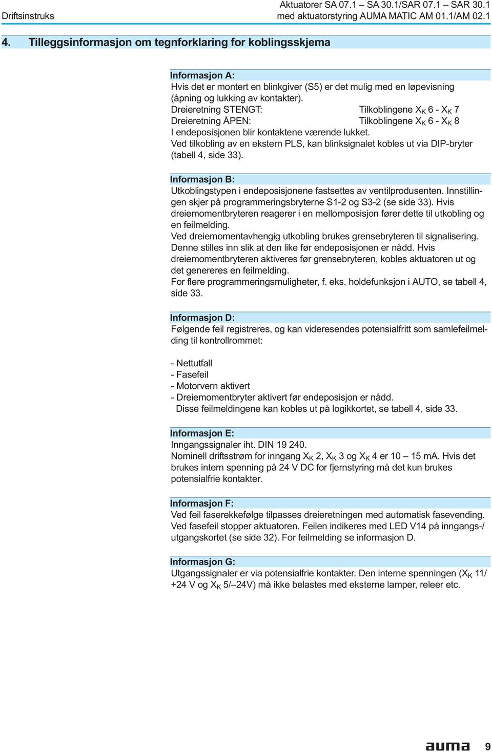 av en ekstern PLS, kan blinksignalet kobles ut via DIP-bryter (tabell 4, side 33) Informasjon B: Utkoblingstypen i endeposisjonene fastsettes av ventilprodusenten Innstillingen skjer på