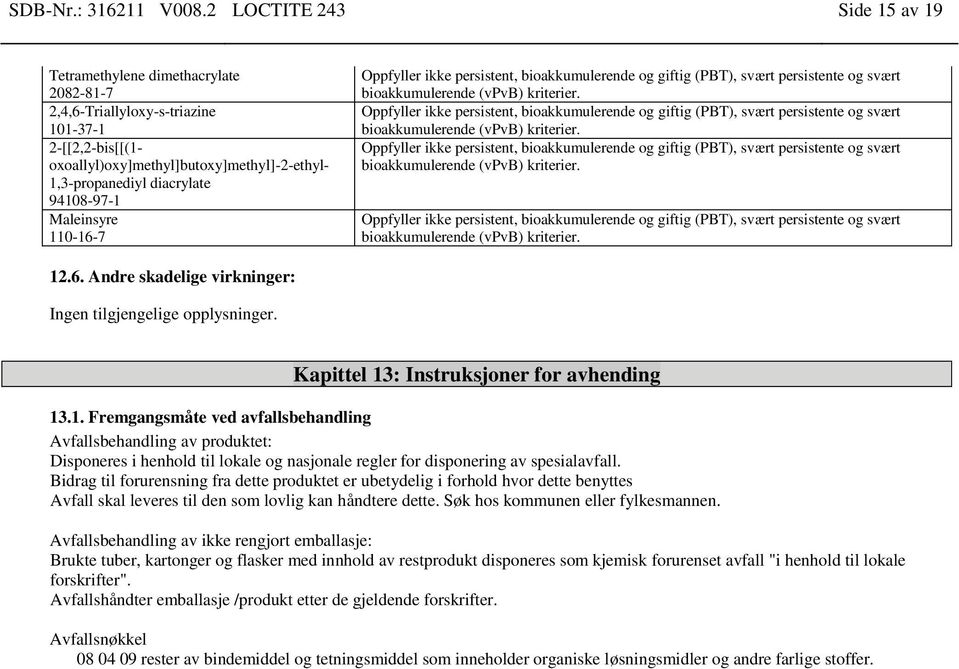 persistente og svært bioakkumulerende (vpvb) kriterier. Oppfyller ikke persistent, bioakkumulerende og giftig (PBT), svært persistente og svært bioakkumulerende (vpvb) kriterier.