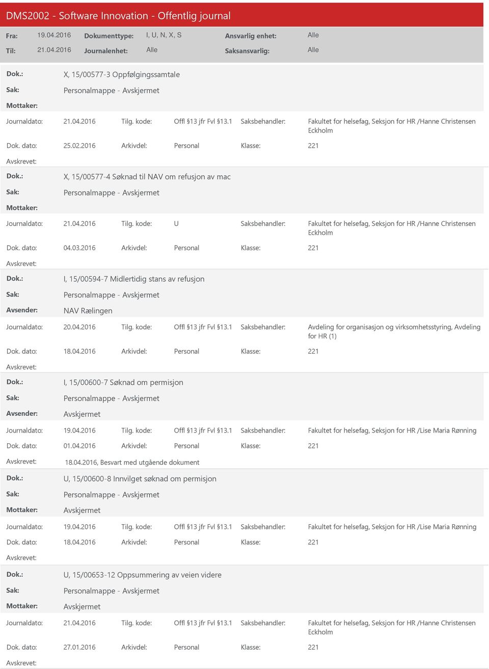 2016 Personal I, 15/00600-7 Søknad om permisjon Personalmappe - Fakultet for helsefag, Seksjon for HR /Lise Maria Rønning 01.04.