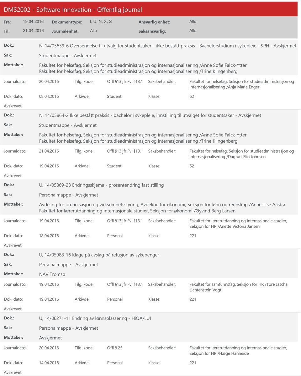 2016 Student N, 14/05864-2 Ikke bestått praksis - bachelor i sykepleie, innstilling til utvalget for studentsaker - Studentmappe - internasjonalisering /Anne Sofie Falck-Ytter internasjonalisering