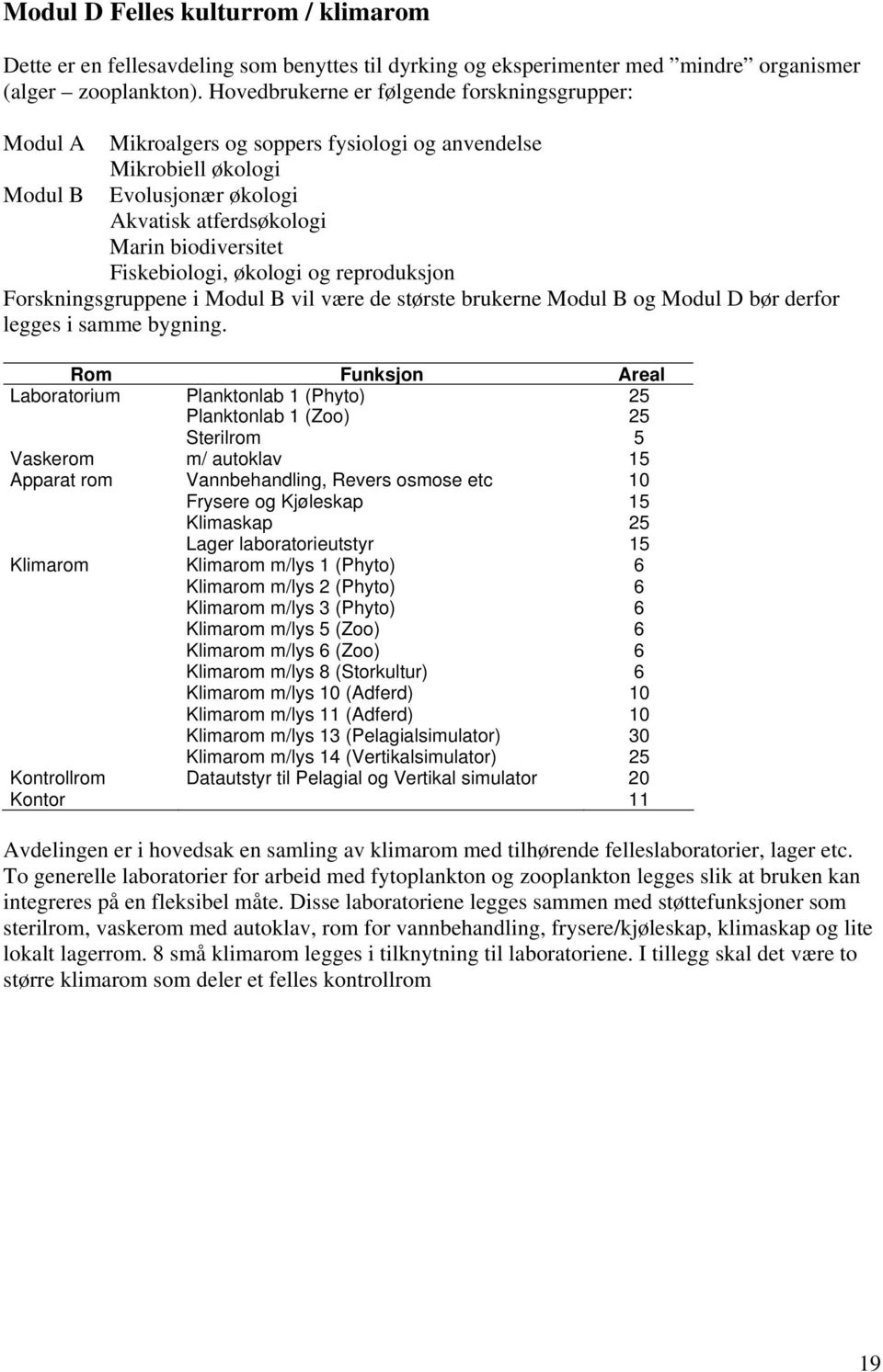 Fiskebiologi, økologi og reproduksjon Forskningsgruppene i Modul B vil være de største brukerne Modul B og Modul D bør derfor legges i samme bygning.