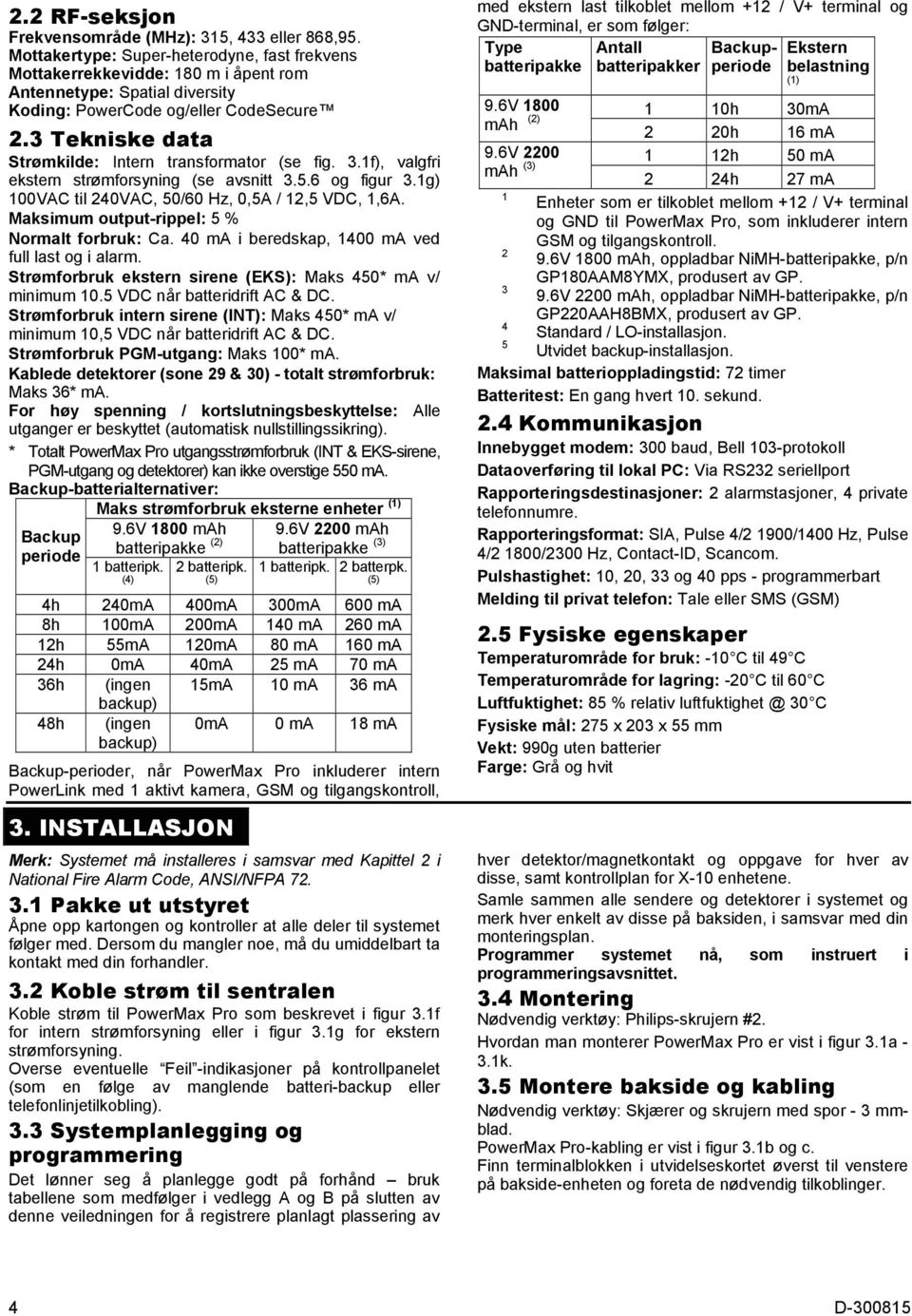 3 Tekniske data Strømkilde: Intern transformator (se fig. 3.1f), valgfri ekstern strømforsyning (se avsnitt 3.5.6 og figur 3.1g) 100VAC til 240VAC, 50/60 Hz, 0,5A / 12,5 VDC, 1,6A.