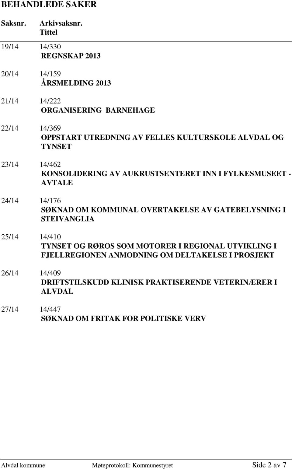 OG TYNSET 23/14 14/462 KONSOLIDERING AV AUKRUSTSENTERET INN I FYLKESMUSEET - AVTALE 24/14 14/176 SØKNAD OM KOMMUNAL OVERTAKELSE AV GATEBELYSNING I STEIVANGLIA