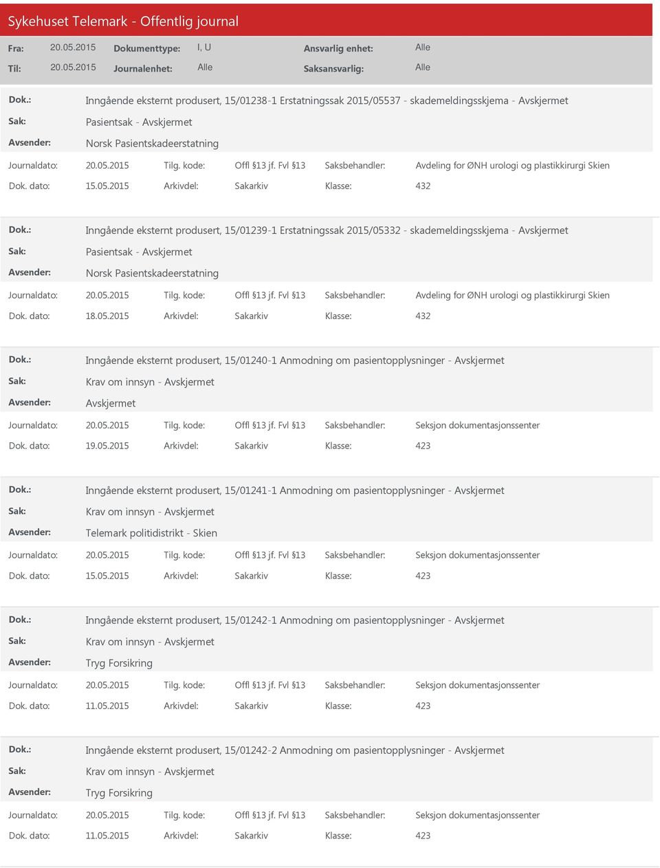 2015 Arkivdel: Sakarkiv Inngående eksternt produsert, 15/01239-1 Erstatningssak 2015/05332 - skademeldingsskjema - Pasientsak - Avdeling for ØNH urologi og plastikkirurgi Skien Inngående eksternt