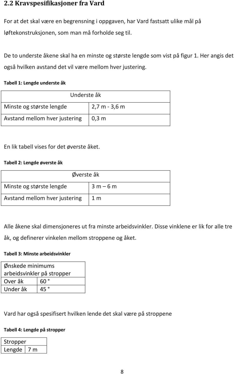 Tabell 1: Lengde underste åk Underste åk Minste og største lengde Avstand mellom hver justering 2,7 m - 3,6 m 0,3 m En lik tabell vises for det øverste åket.