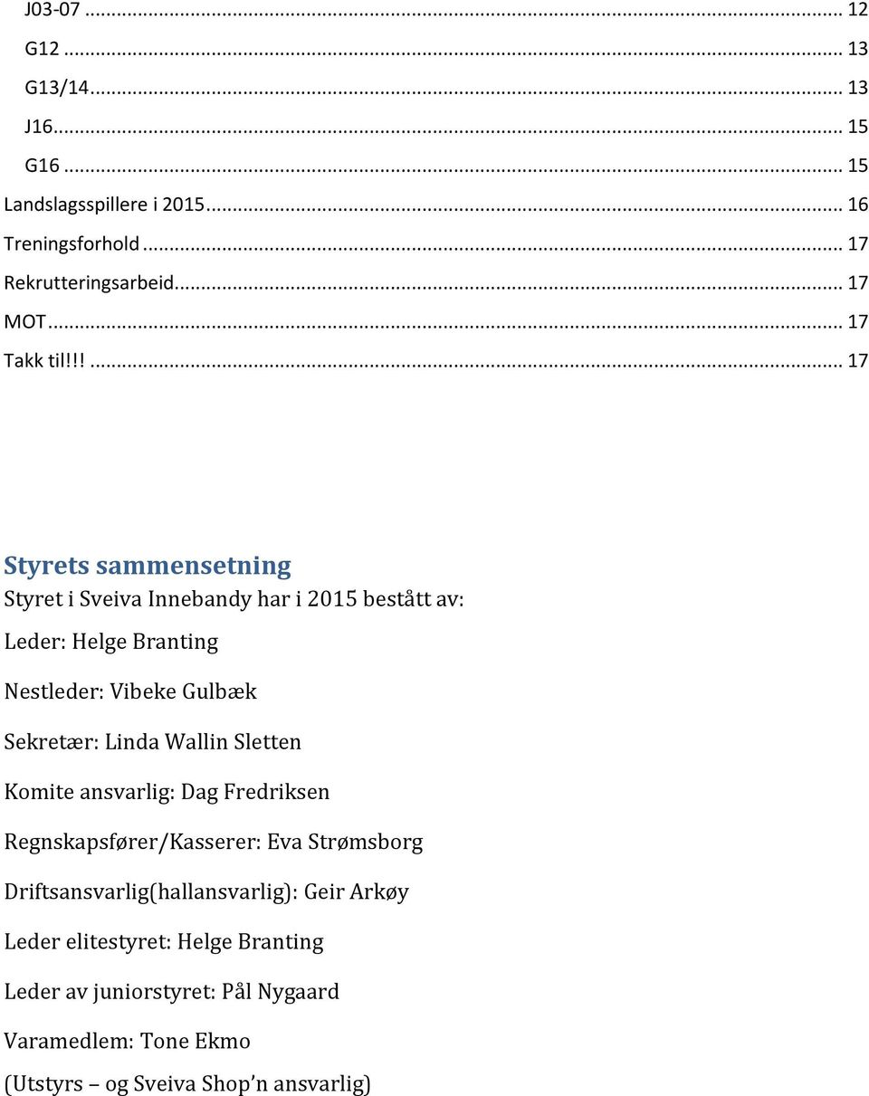 !!... 17 Styrets sammensetning Styret i Sveiva Innebandy har i 2015 bestått av: Leder: Helge Branting Nestleder: Vibeke Gulbæk Sekretær: