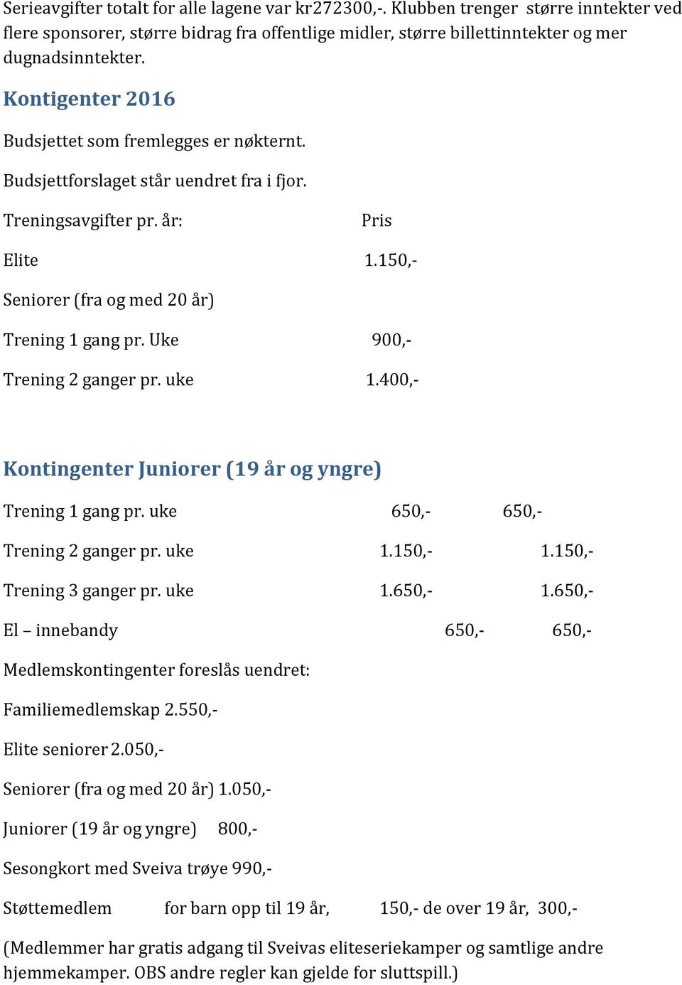 Uke 900,- Trening 2 ganger pr. uke 1.400,- Kontingenter Juniorer (19 år og yngre) Trening 1 gang pr. uke 650,- 650,- Trening 2 ganger pr. uke 1.150,- 1.150,- Trening 3 ganger pr. uke 1.650,- 1.