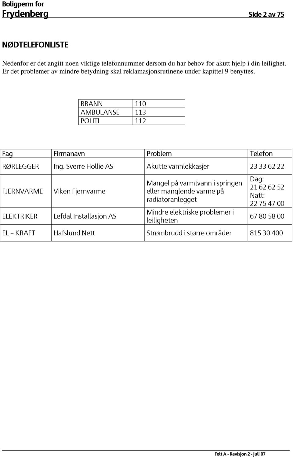 BRANN 110 AMBULANSE 113 POLITI 112 Fag Firmanavn Problem Telefon RØRLEGGER Ing.