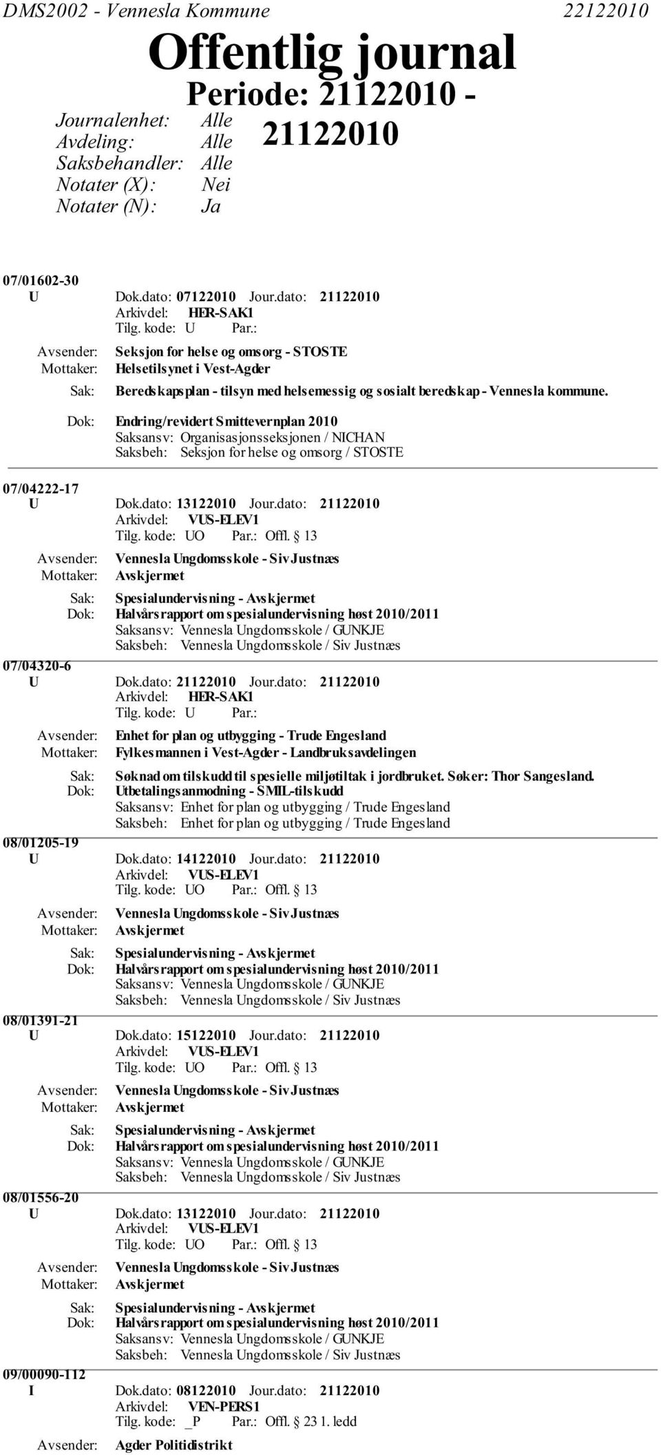 Endring/revidert Smittevernplan 2010 Saksansv: Organisasjonsseksjonen / NICHAN Saksbeh: Seksjon for helse og omsorg / STOSTE 07/04222-17 U Dok.dato: 13122010 Jour.