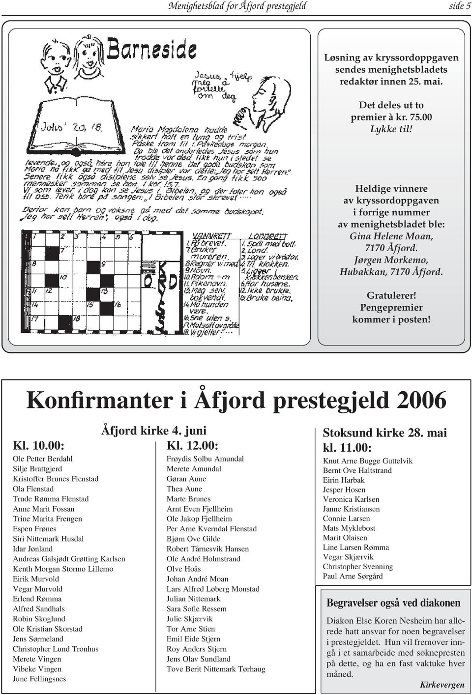 Konfirmanter i Åfjord prestegjeld 2006 Åfjord kirke 4. juni Kl. 10.00: Kl. 12.