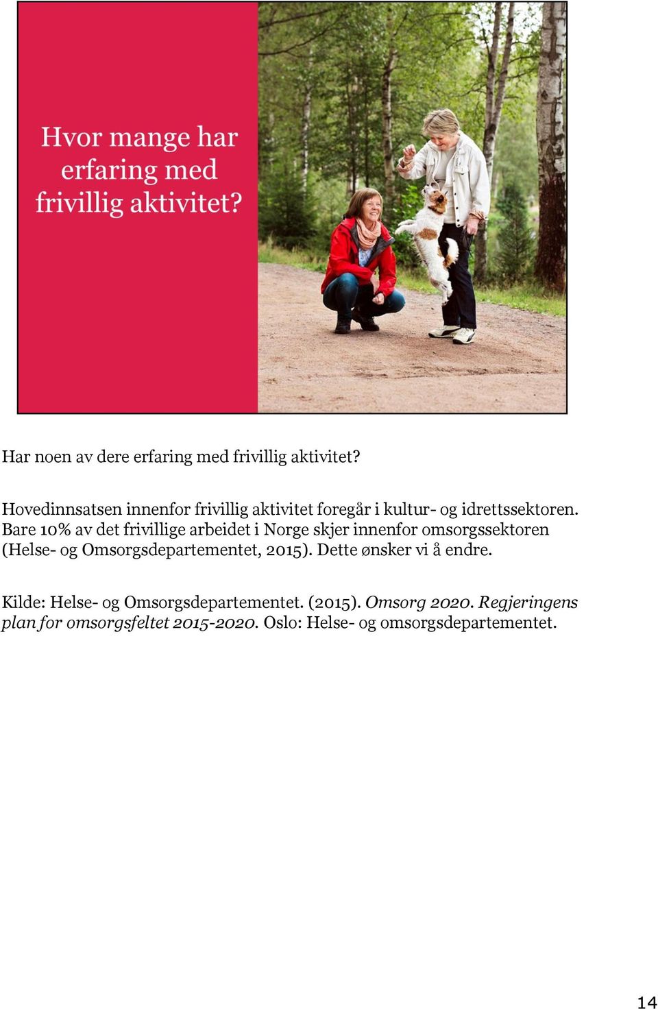 Bare 10% av det frivillige arbeidet i Norge skjer innenfor omsorgssektoren (Helse- og