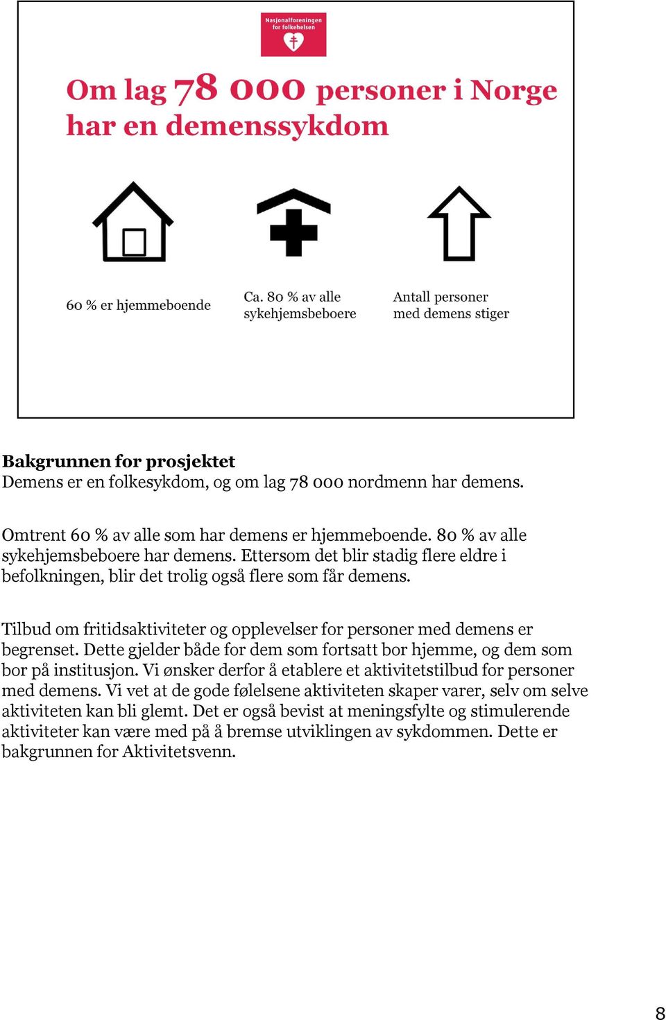 Dette gjelder både for dem som fortsatt bor hjemme, og dem som bor på institusjon. Vi ønsker derfor å etablere et aktivitetstilbud for personer med demens.