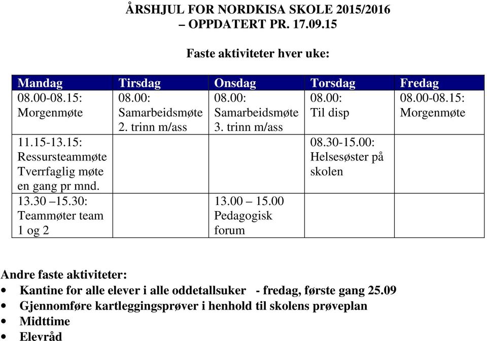 trinn m/ass 08.00: Samarbeidsmøte 3. trinn m/ass 13.00 15.00 Pedagogisk forum 08.30-15.00: Helsesøster på skolen 08.00-08.