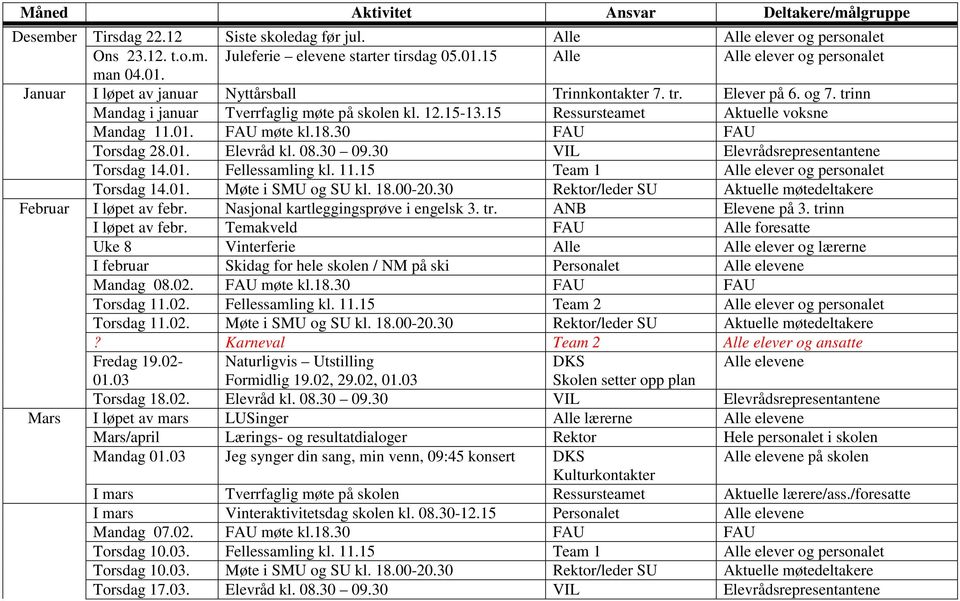 30 VIL Elevrådsrepresentantene Torsdag 14.01. Fellessamling kl. 11.15 Team 1 Alle elever og personalet Torsdag 14.01. Møte i SMU og SU kl. 18.00-20.