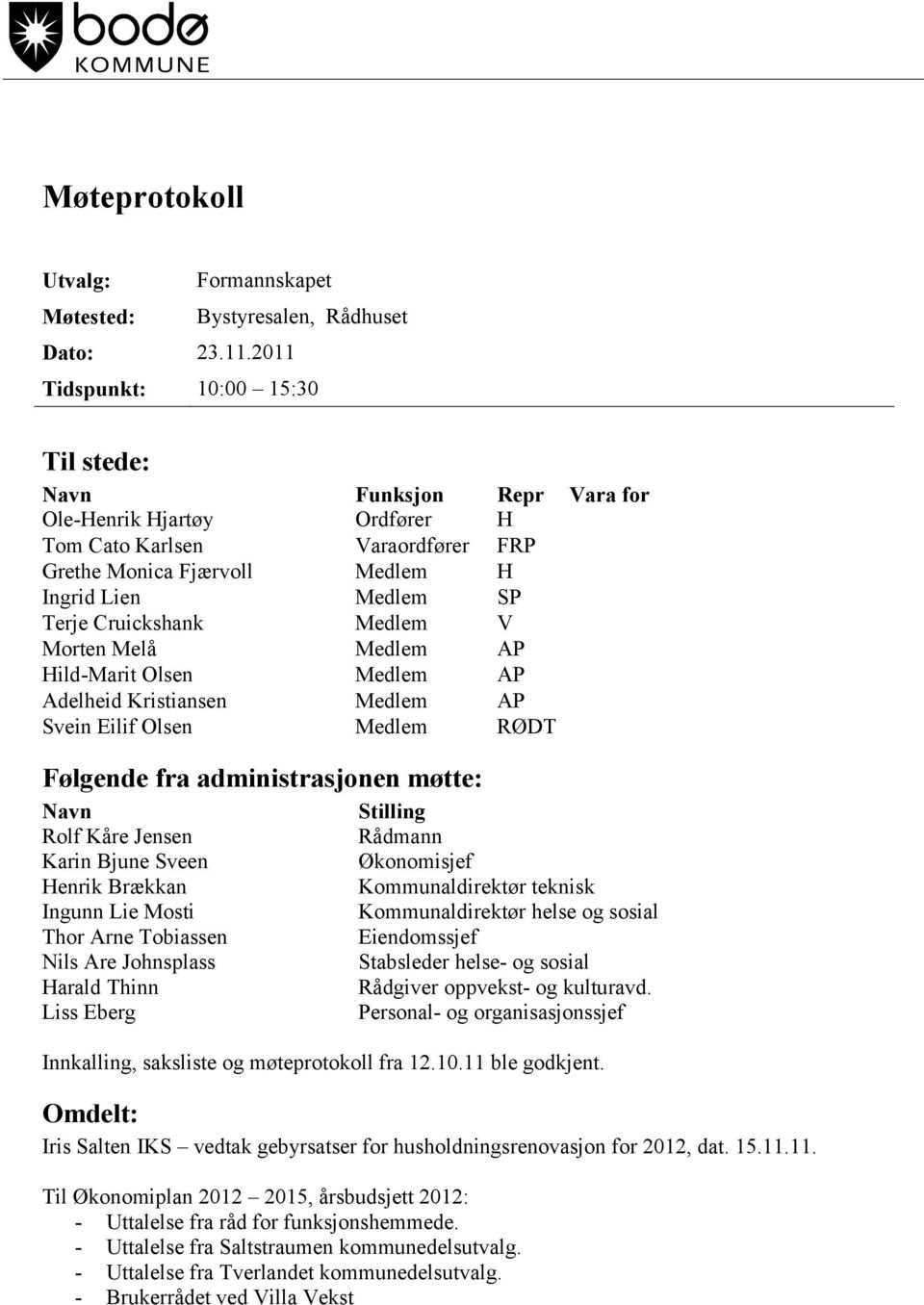 Cruickshank Medlem V Morten Melå Medlem AP Hild-Marit Olsen Medlem AP Adelheid Kristiansen Medlem AP Svein Eilif Olsen Medlem RØDT Følgende fra administrasjonen møtte: Navn Rolf Kåre Jensen Karin