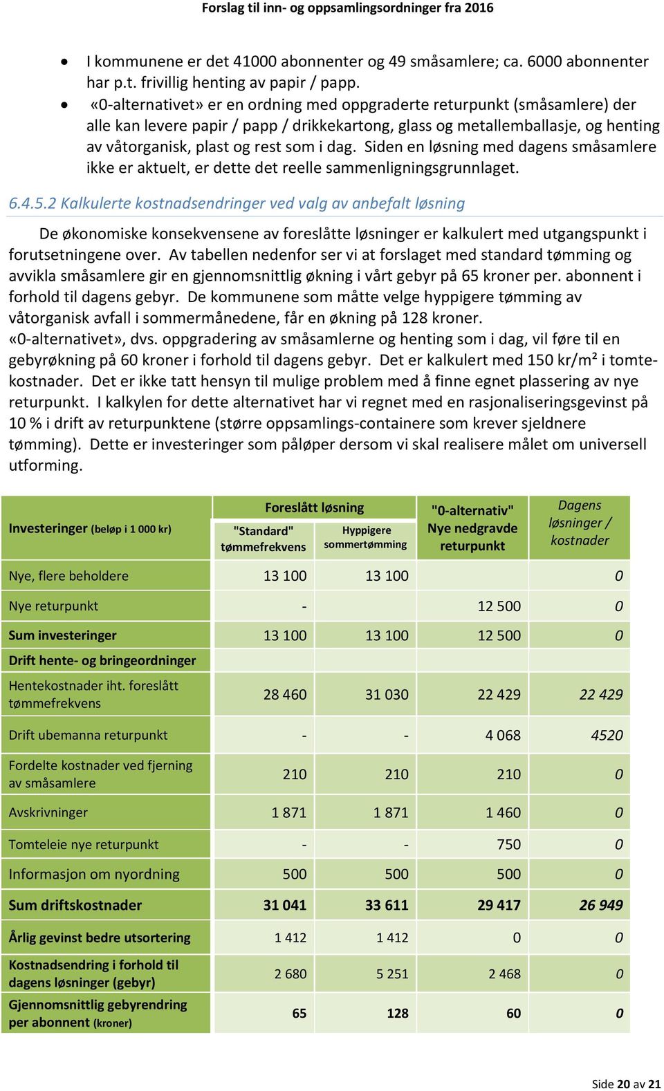 Siden en løsning med dagens småsamlere ikke er aktuelt, er dette det reelle sammenligningsgrunnlaget. 6.4.5.