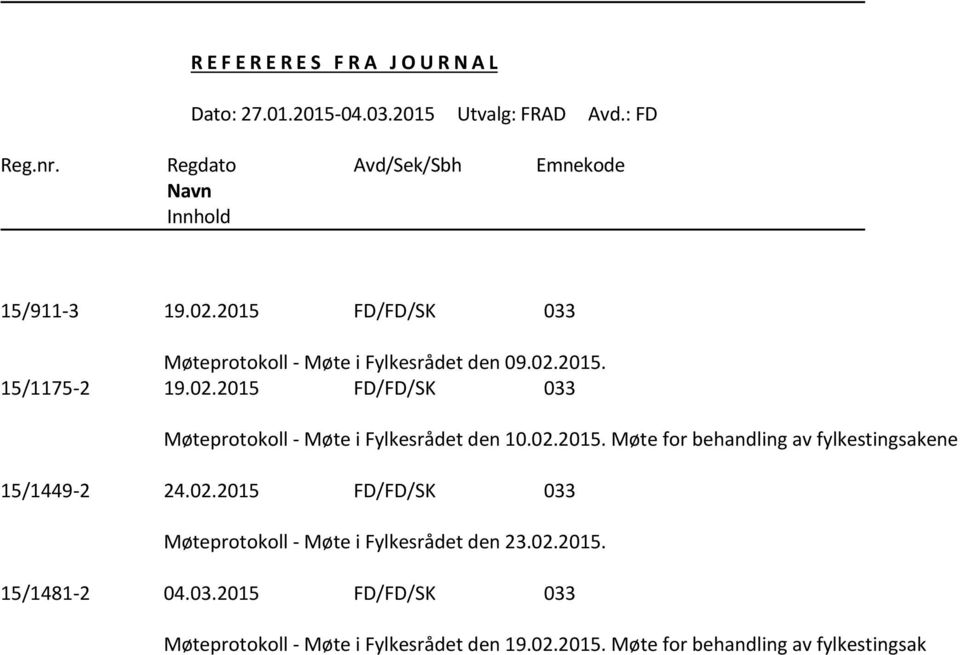 02.2015 FD/FD/SK 033 Møteprotokoll - Møte i Fylkesrådet den 10.02.2015. Møte for behandling av fylkestingsakene 15/1449-2 24.02.2015 FD/FD/SK 033 Møteprotokoll - Møte i Fylkesrådet den 23.