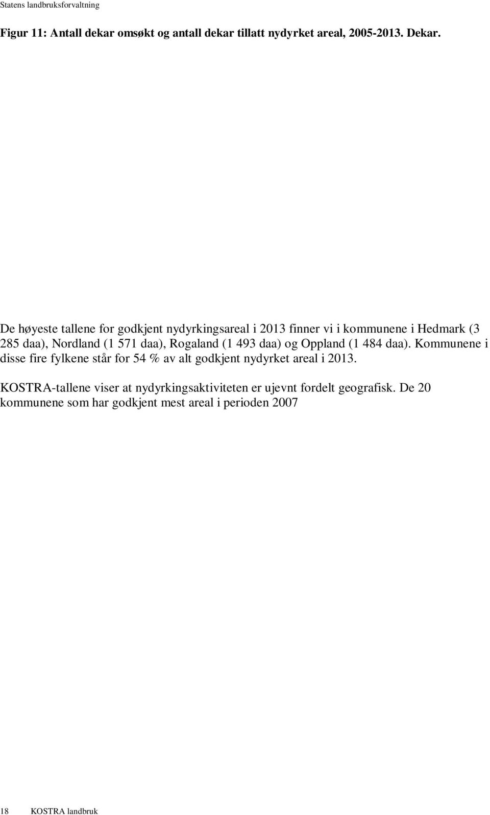 Kommunene i disse fire fylkene står for 54 % av alt godkjent nydyrket areal i 2013. KOSTRA-tallene viser at nydyrkingsaktiviteten er ujevnt fordelt geografisk.