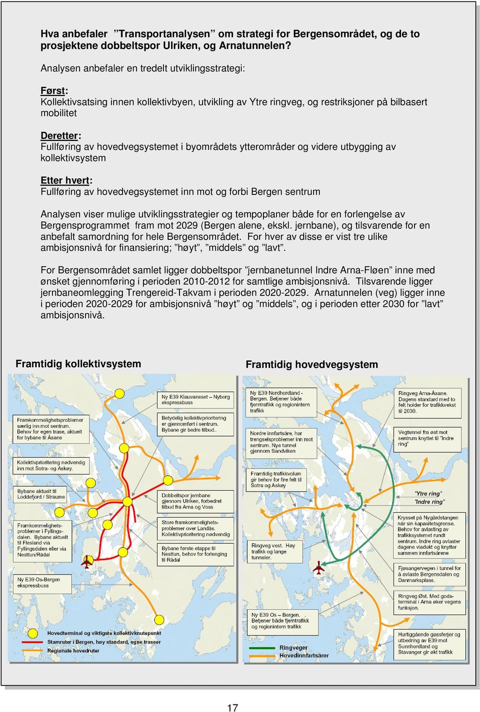 hovedvegsystemet i byområdets ytterområder og videre utbygging av kollektivsystem Etter hvert: Fullføring av hovedvegsystemet inn mot og forbi Bergen sentrum Analysen viser mulige