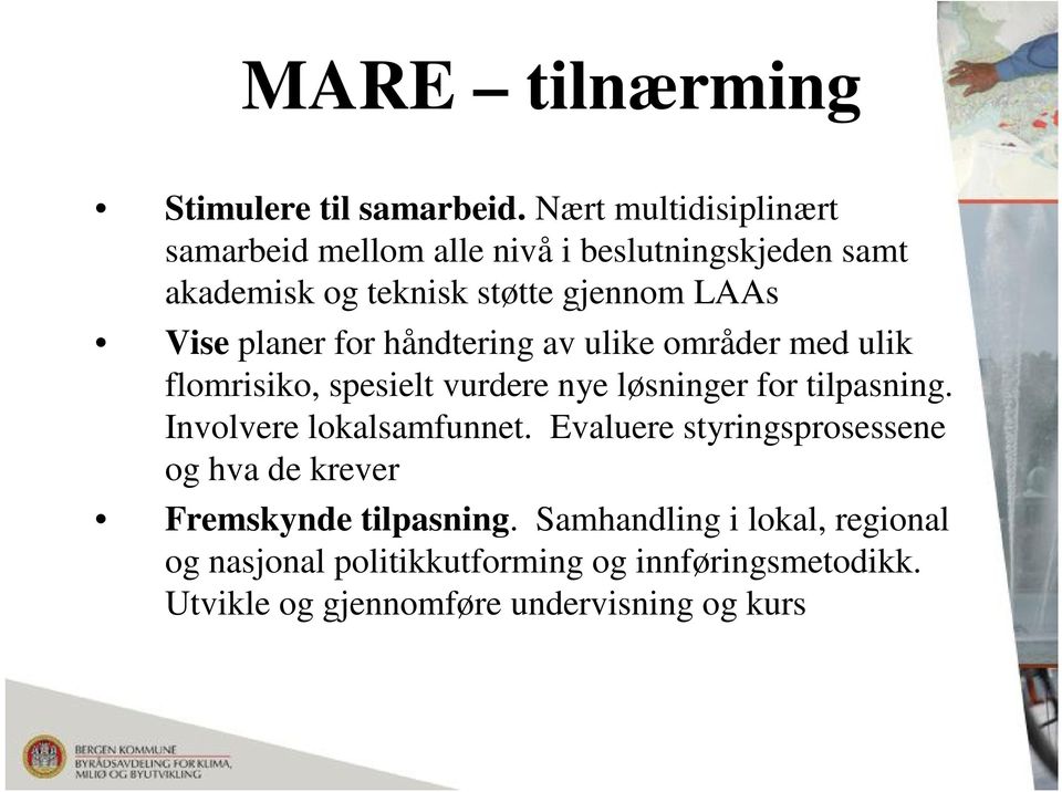 planer for håndtering av ulike områder med ulik flomrisiko, spesielt vurdere nye løsninger for tilpasning.