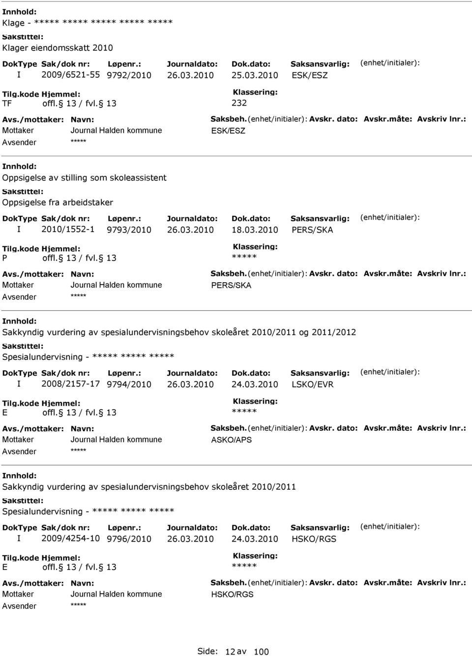 : nnhold: akkyndig vurdering av spesialundervisningsbehov skoleåret 2010/2011 og 2011/2012 pesialundervisning - 2008/2157-17 9794/2010 24.03.2010 LKO/VR vs./mottaker: Navn: aksbeh. vskr.