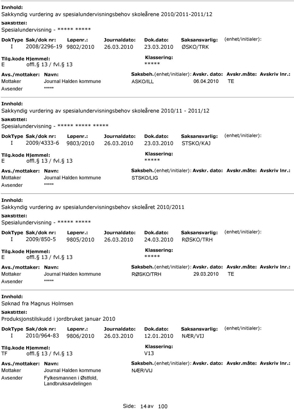 /mottaker: Navn: aksbeh. vskr. dato: vskr.måte: vskriv lnr.: TKO/LG nnhold: akkyndig vurdering av spesialundervisningsbehov skoleåret 2010/2011 pesialundervisning - 2009/850-5 9805/2010 24.03.