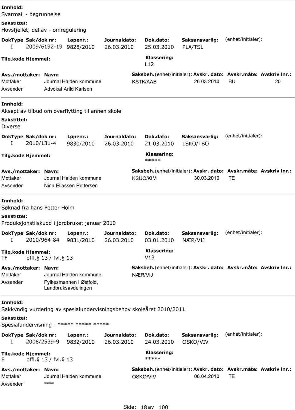 måte: vskriv lnr.: KUO/KM T vsender Nina liassen Pettersen nnhold: øknad fra hans Petter Holm Produksjonstilskudd i jordbruket januar 2010 2010/964-84 9831/2010 03.01.2010 NÆR/VJ TF V13 vs.