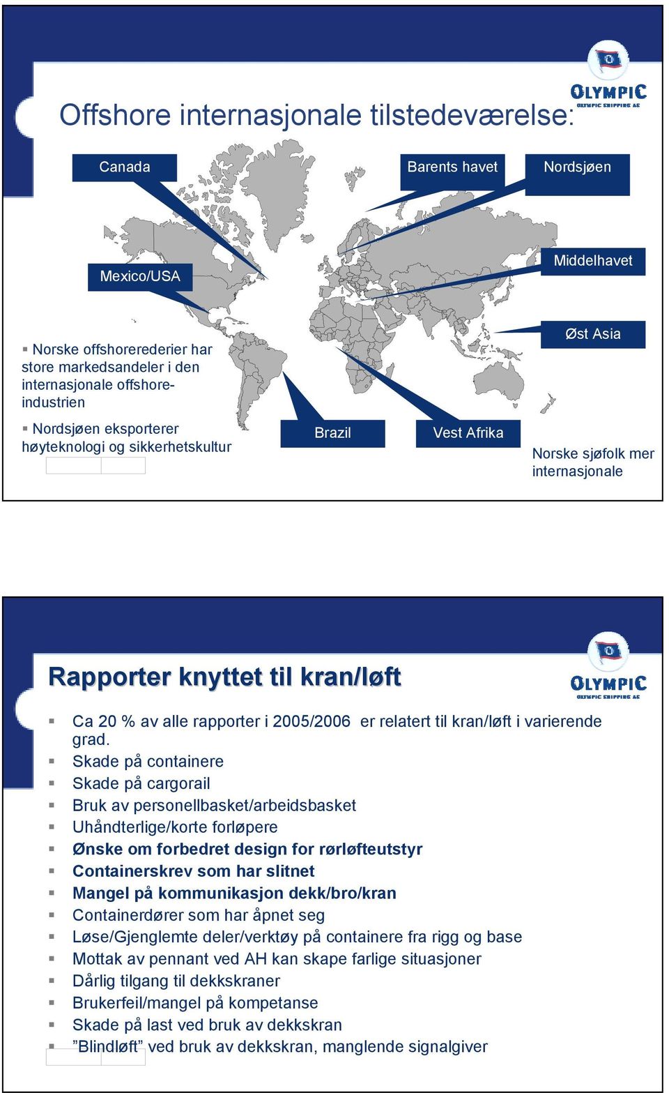 Ca 20 % av alle rapporter i 2005/2006 er relatert til kran/løft i varierende grad.! Skade på containere! Skade på cargorail! Bruk av personellbasket/arbeidsbasket! Uhåndterlige/korte forløpere!