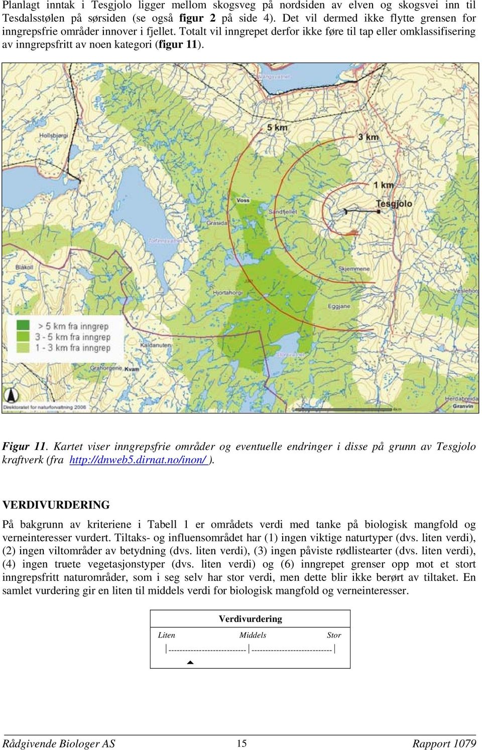 Figur 11. Kartet viser inngrepsfrie områder og eventuelle endringer i disse på grunn av Tesgjolo kraftverk (fra http://dnweb5.dirnat.no/inon/ ).