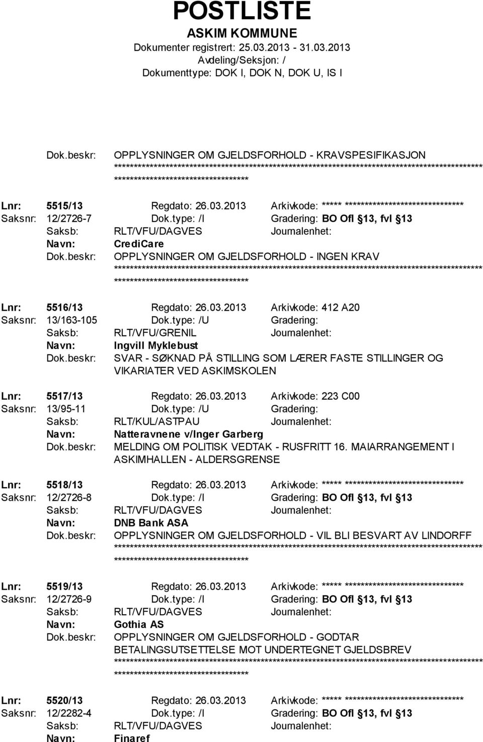 type: /U Gradering: Ingvill Myklebust SVAR - SØKNAD PÅ STILLING SOM LÆRER FASTE STILLINGER OG VIKARIATER VED ASKIMSKOLEN Lnr: 5517/13 Regdato: 26.03.2013 Arkivkode: 223 C00 Saksnr: 13/95-11 Dok.