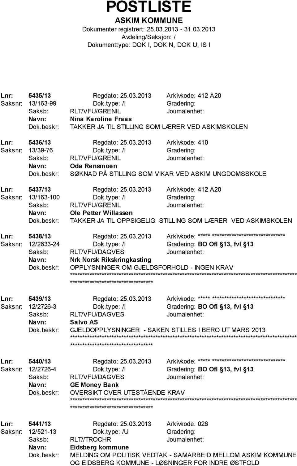 type: /I Gradering: Ole Petter Willassen TAKKER JA TIL OPPSIGELIG STILLING SOM LÆRER VED ASKIMSKOLEN Lnr: 5438/13 Regdato: 25.03.