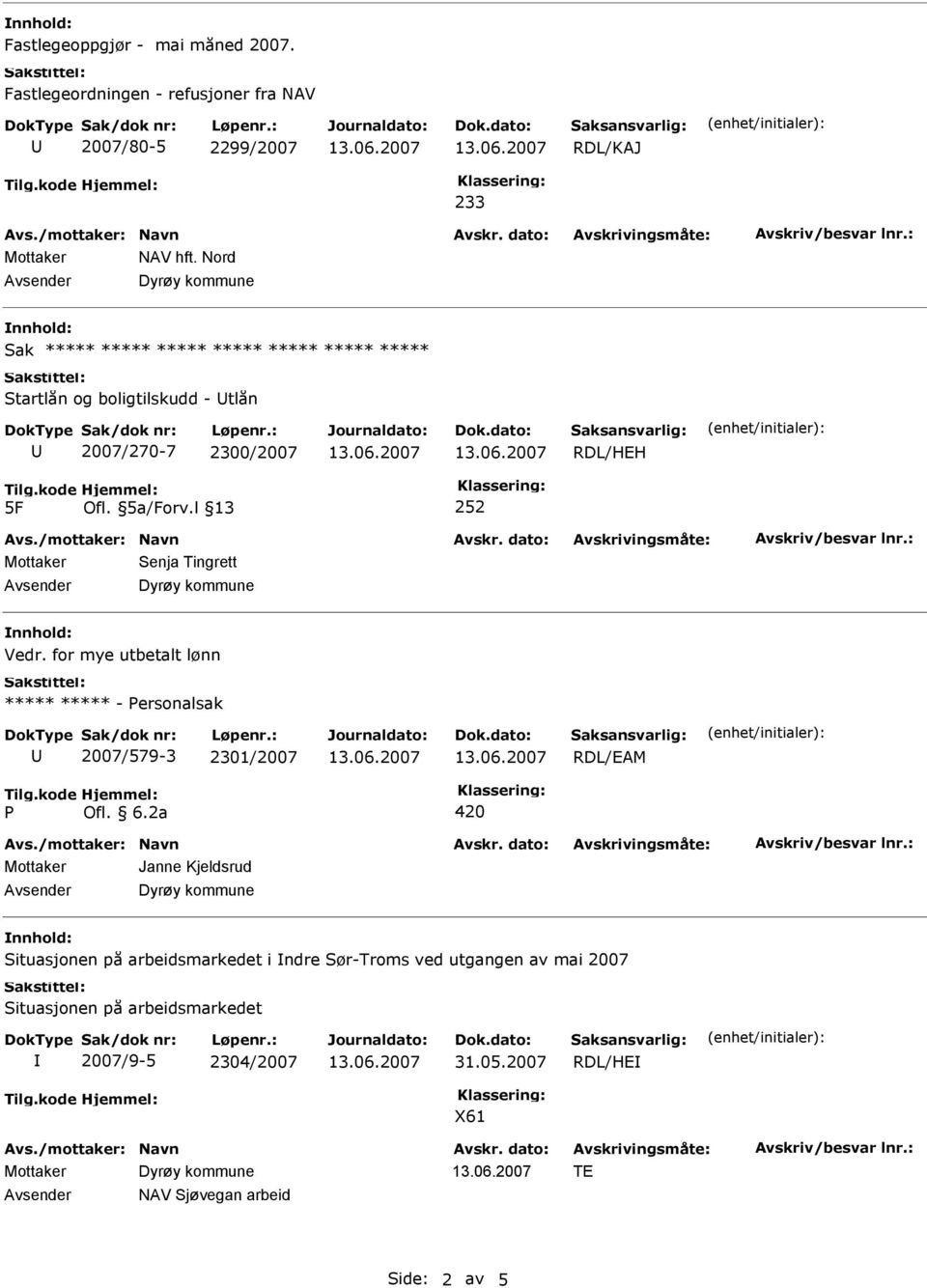 Tingrett Dyrøy kommune Vedr. for mye utbetalt lønn ***** ***** - Personalsak 2007/579-3 2301/2007 RDL/EAM P Ofl. 6.