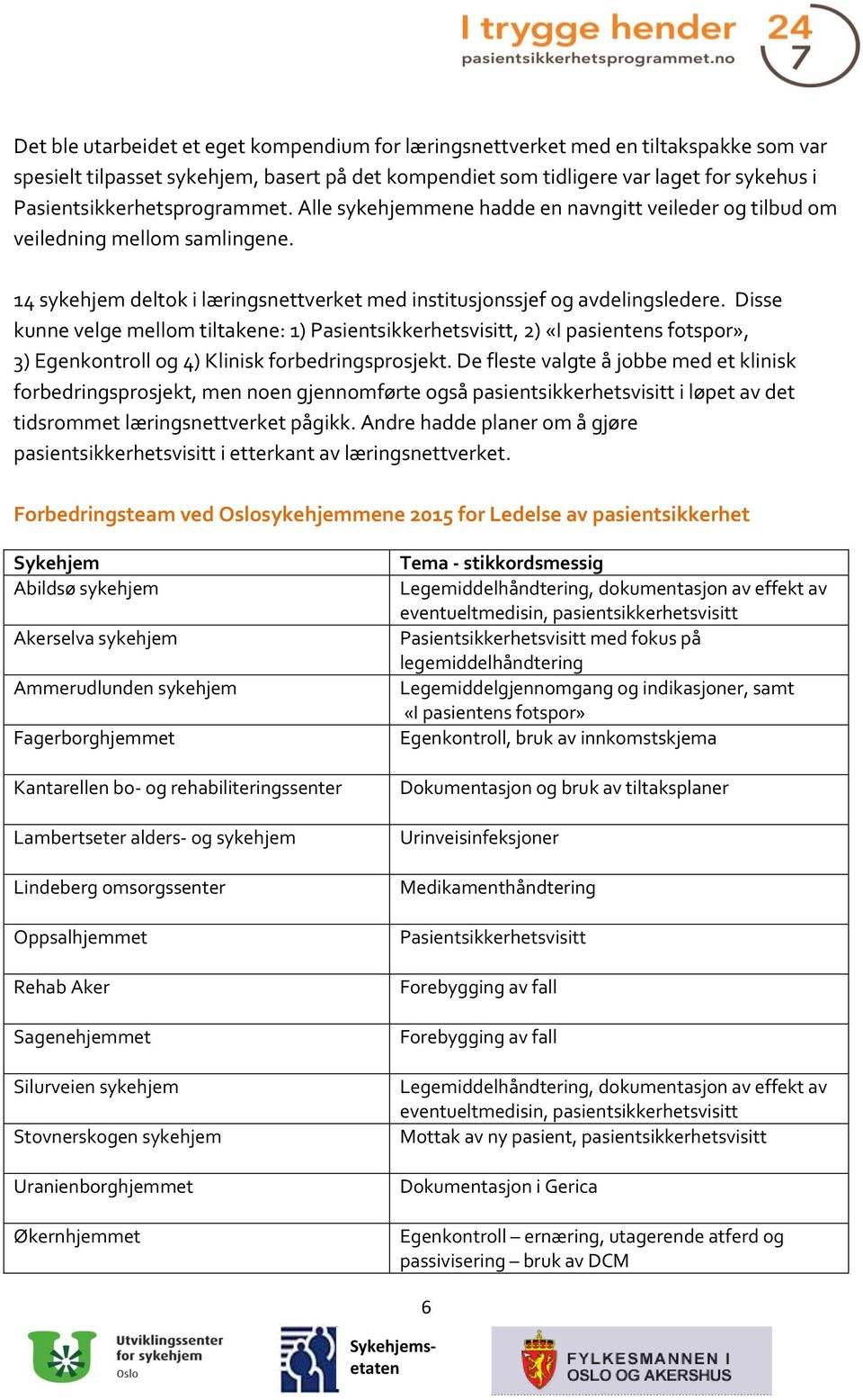 Disse kunne velge mellom tiltakene: 1) Pasientsikkerhetsvisitt, 2) «I pasientens fotspor», 3) Egenkontroll og 4) Klinisk forbedringsprosjekt.