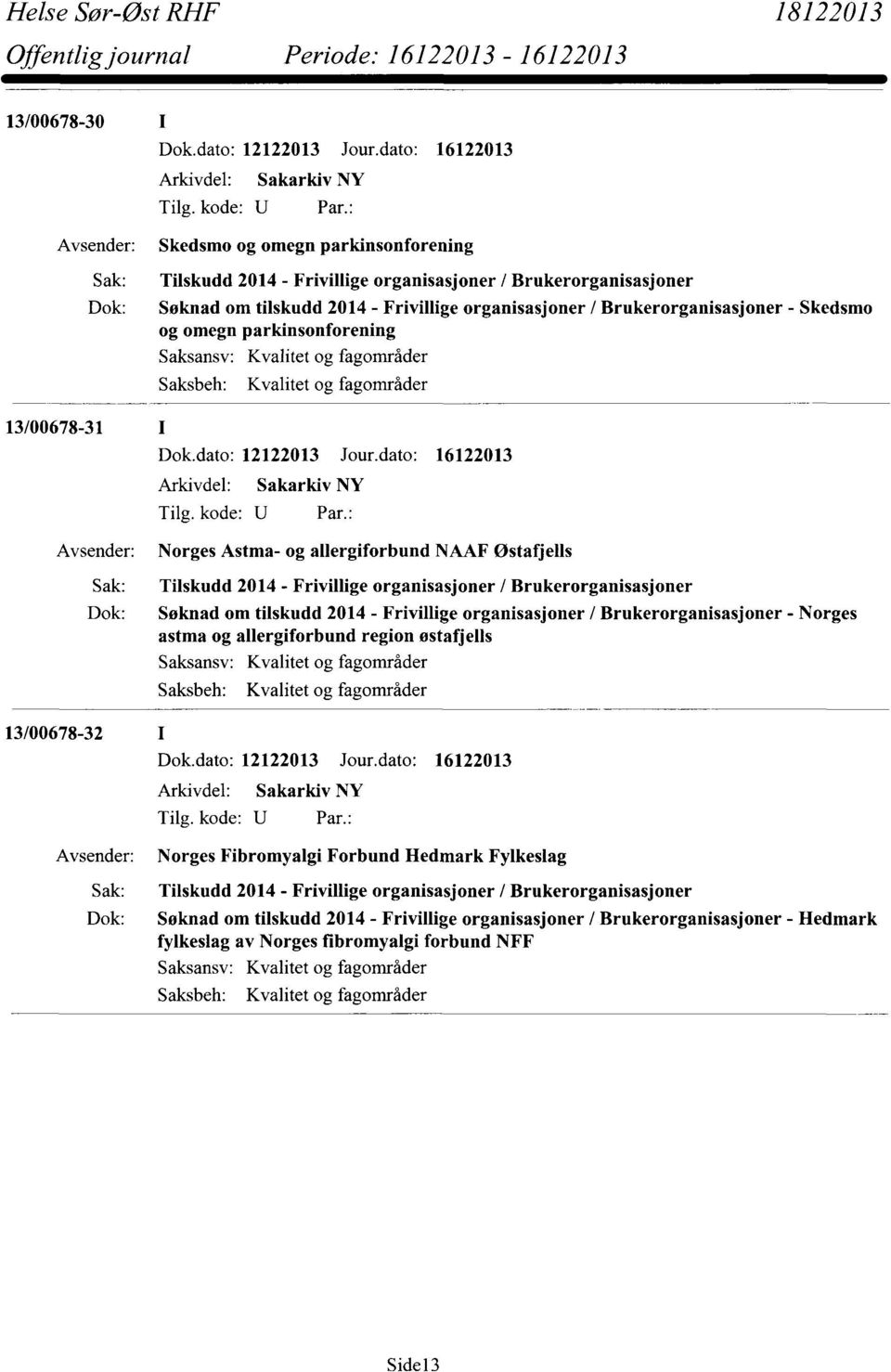 Søknad om tilskudd 2014 - Frivillige organisasjoner / Brukerorganisasjoner - Norges astma og allergiforbund region østafjells 13/00678-32 Norges Fibromyalgi Forbund Hedmark Fylkeslag