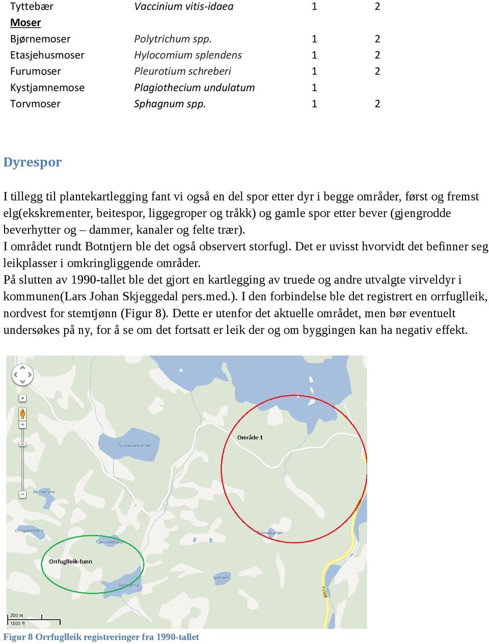 1 2 Dyrespor I tillegg til plantekartlegging fant vi også en del spor etter dyr i begge områder, først og fremst elg(ekskrementer, beitespor, liggegroper og tråkk) og gamle spor etter bever